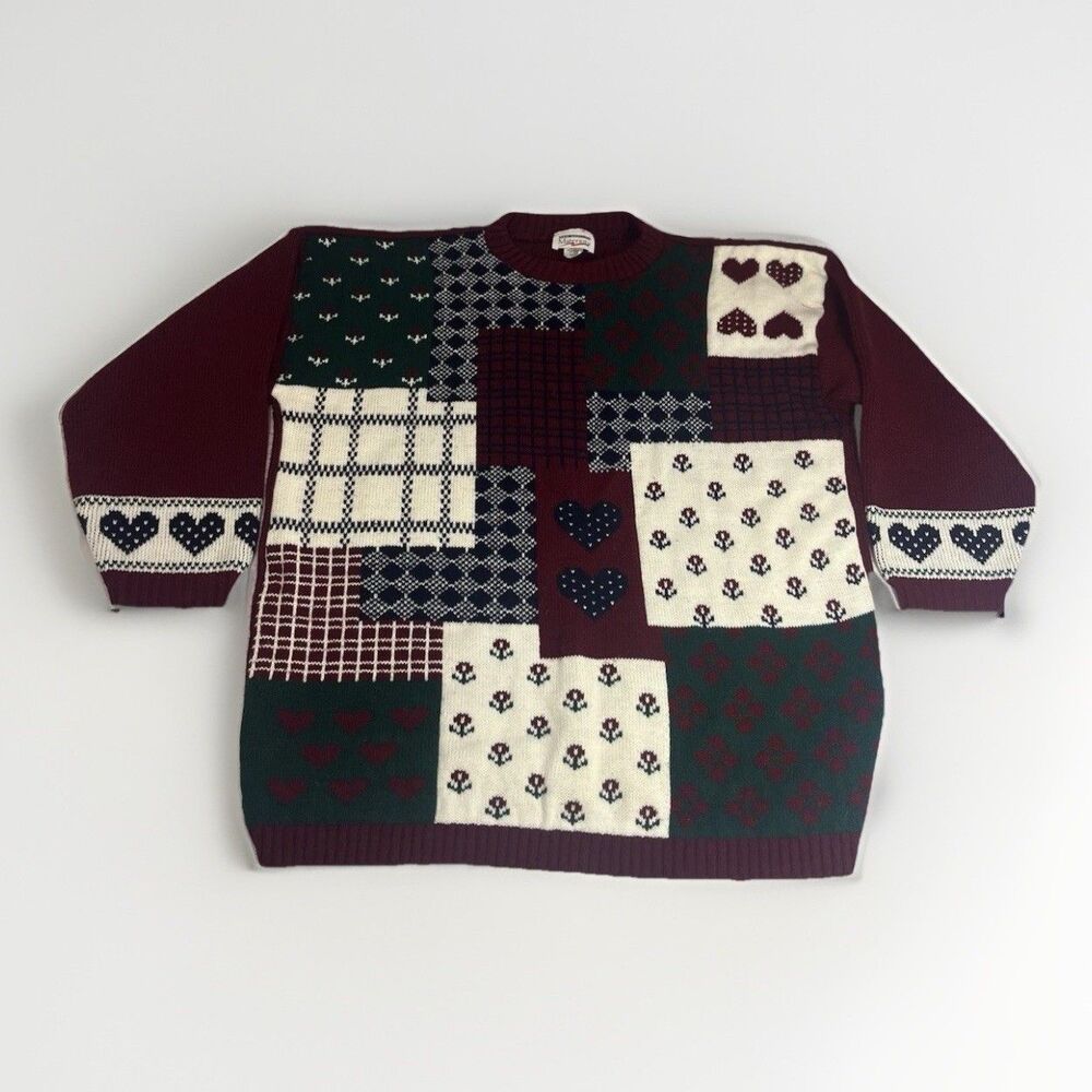 Vintage New Addition Maternity Patchwork Sweater Medium | Burgundy Cottagecore - Picture 2 of 14